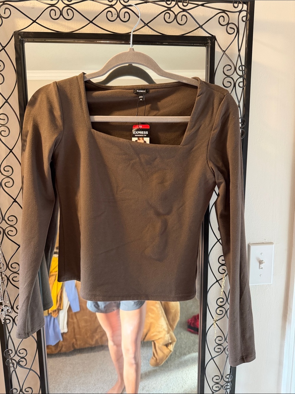 Express Brown Square-Neck Long Sleeve Top